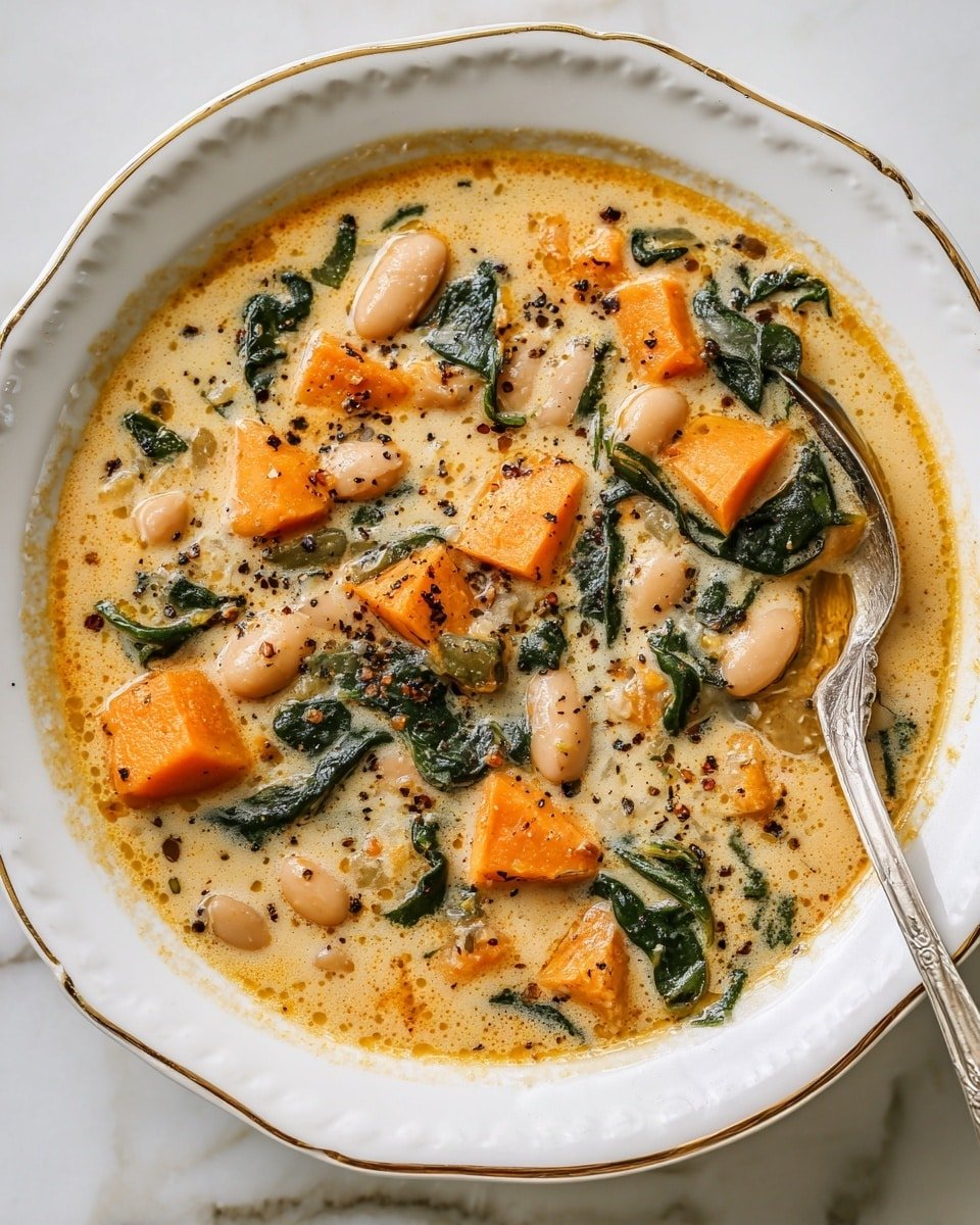 The image shows a bowl of thick soup with two layers: the base is a creamy, light orange broth filled with white beans and chunky orange sweet potato pieces, while the top layer has dark green spinach leaves scattered throughout, adding color contrast. The soup is speckled with black pepper and a drizzle of oil giving a shiny texture on top. A silver spoon is partly dipped in the soup, resting on the right side of the bowl. The bowl is white with a subtle scalloped edge and a thin gold rim, placed on a white marbled surface. Photo taken with an iphone --ar 4:5 --v 7 — White Bean Soup, hearty white bean soup, easy white bean soup recipe, comforting bean soup, healthy white bean soup