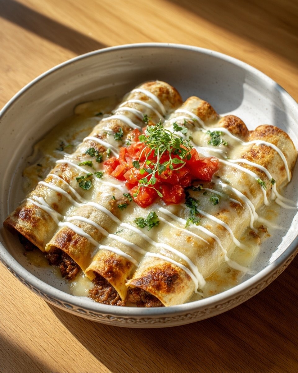 The dish shows five rolled tortillas filled with browned meat, lined up side by side in a shallow white ceramic round dish with subtle patterns around the edge. The tortillas are covered with a thick layer of melted white cheese that has a smooth, soft texture. On top, a zigzag drizzle of creamy white sauce adds contrast. The center is decorated with a small cluster of fresh, glossy red tomato pieces and a few tiny green herb leaves. The dish rests on a wooden surface, with warm, natural light casting gentle shadows. photo taken with an iphone --ar 4:5 --v 7 — Overnight Sausage Pancake Breakfast Casserole, breakfast casserole with sausage and pancakes, easy morning casserole, make-ahead breakfast recipe, hearty brunch ideas