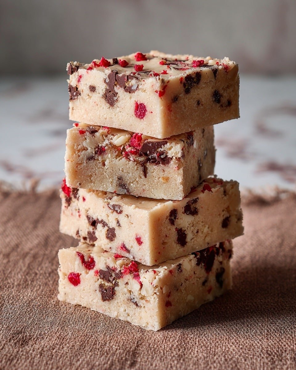 Chocolate Chip Maraschino Cherry Shortbread Bars Recipe - Serving Photo — Chocolate Chip Maraschino Cherry Shortbread Bars, chocolate chip cherry bar recipe, maraschino cherry shortbread bars, easy cherry chocolate bars, buttery cherry shortbread dessert
