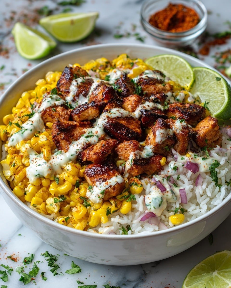Street Corn Chicken and Rice Bowls Recipe - Recipe Image — Street Corn Chicken and Rice Bowls, Chicken and Rice Bowls with Street Corn, Summer Chicken and Rice Bowl Recipes, Easy Corn and Chicken Bowls, Bright and Flavorful Dinner Ideas