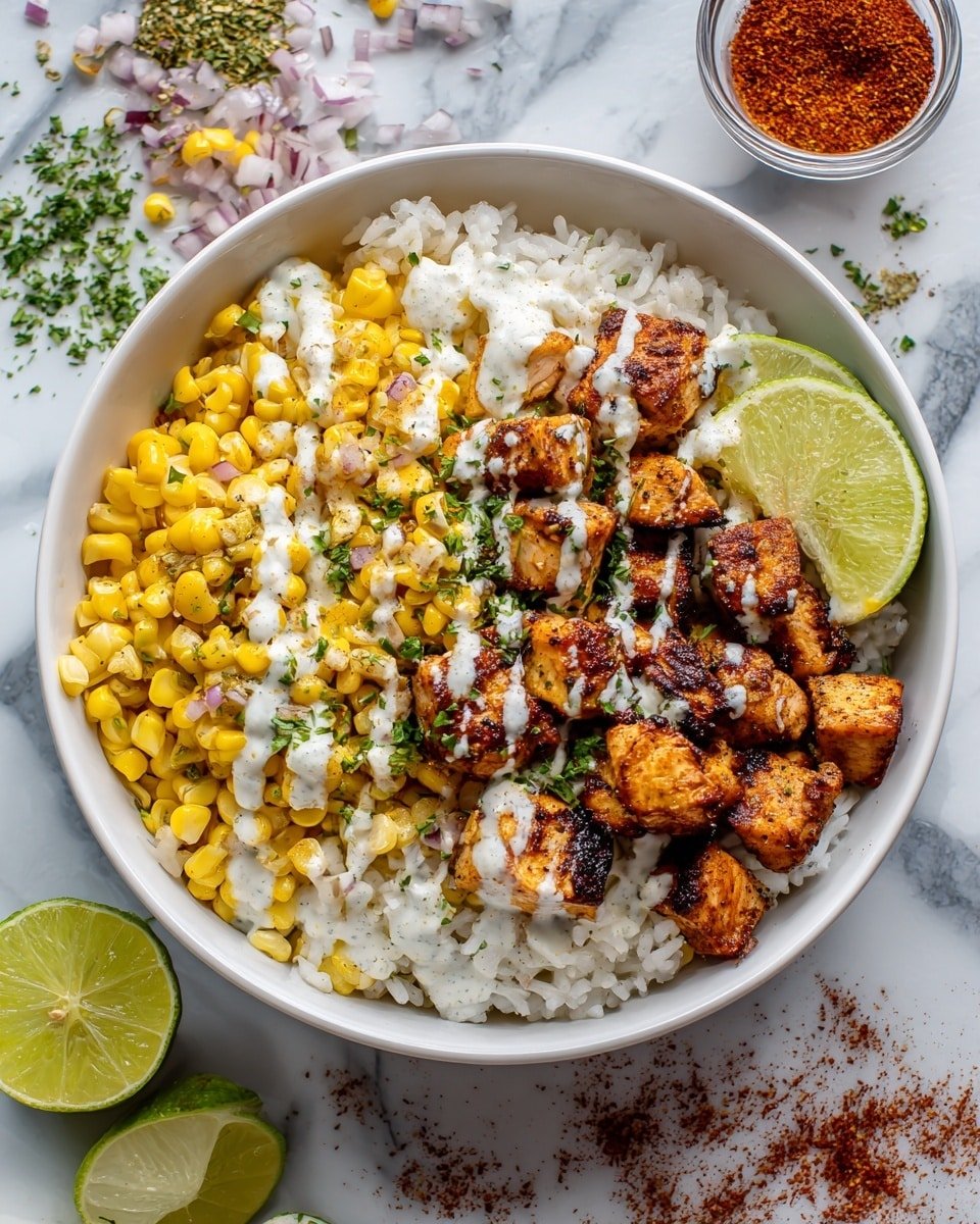 Street Corn Chicken and Rice Bowls Recipe - Serving Photo — Street Corn Chicken and Rice Bowls, Chicken and Rice Bowls with Street Corn, Summer Chicken and Rice Bowl Recipes, Easy Corn and Chicken Bowls, Bright and Flavorful Dinner Ideas