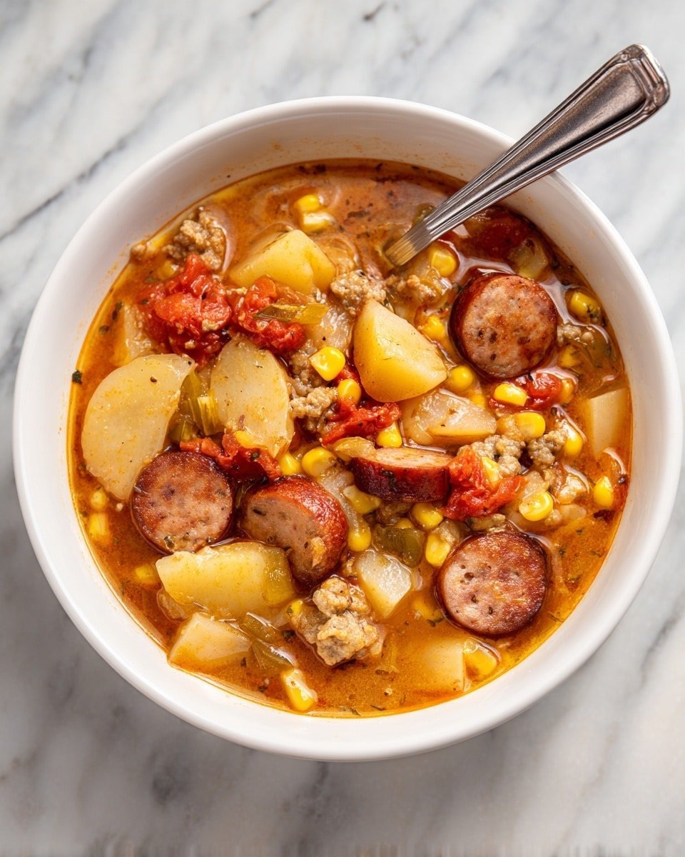 Texas Cowboy Stew Recipe - Recipe Image — Texas Cowboy Stew, hearty beef stew, smoky sausage stew, comforting beef and sausage recipe, easy cowboy stew