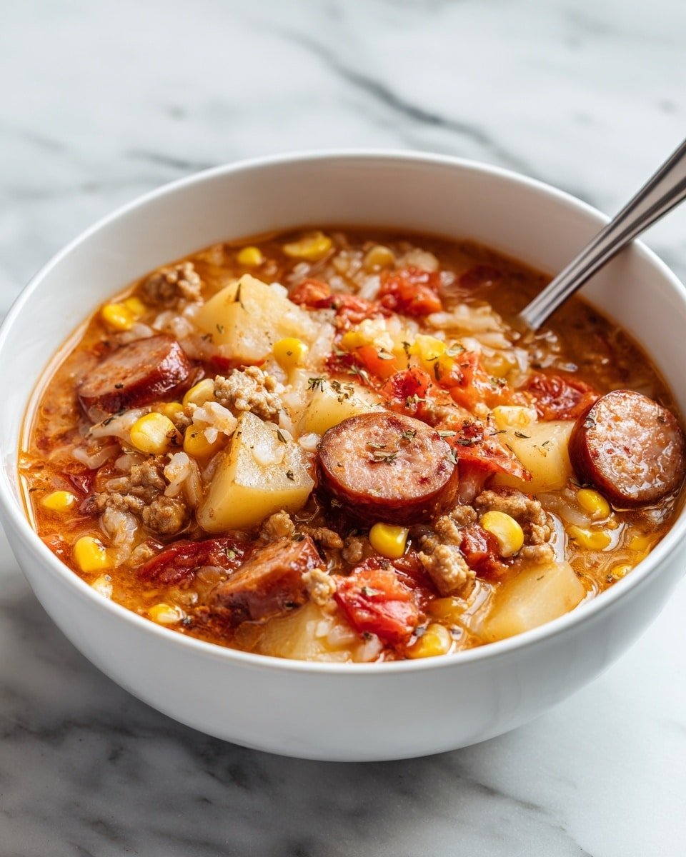 Texas Cowboy Stew Recipe - Serving Photo — Texas Cowboy Stew, hearty beef stew, smoky sausage stew, comforting beef and sausage recipe, easy cowboy stew