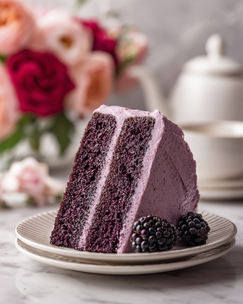 Blackberry Velvet Cake Recipe - Recipe Image — Blackberry Velvet Cake, Blackberry Cake Recipe, Velvet Cake with Blackberries, Blackberry Layer Cake, Berry Dessert Ideas
