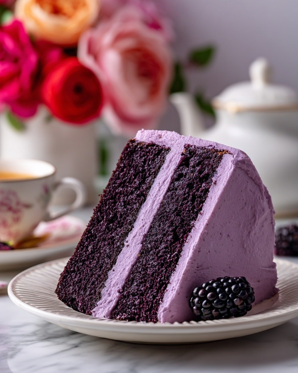Blackberry Velvet Cake Recipe - Serving Photo — Blackberry Velvet Cake, Blackberry Cake Recipe, Velvet Cake with Blackberries, Blackberry Layer Cake, Berry Dessert Ideas