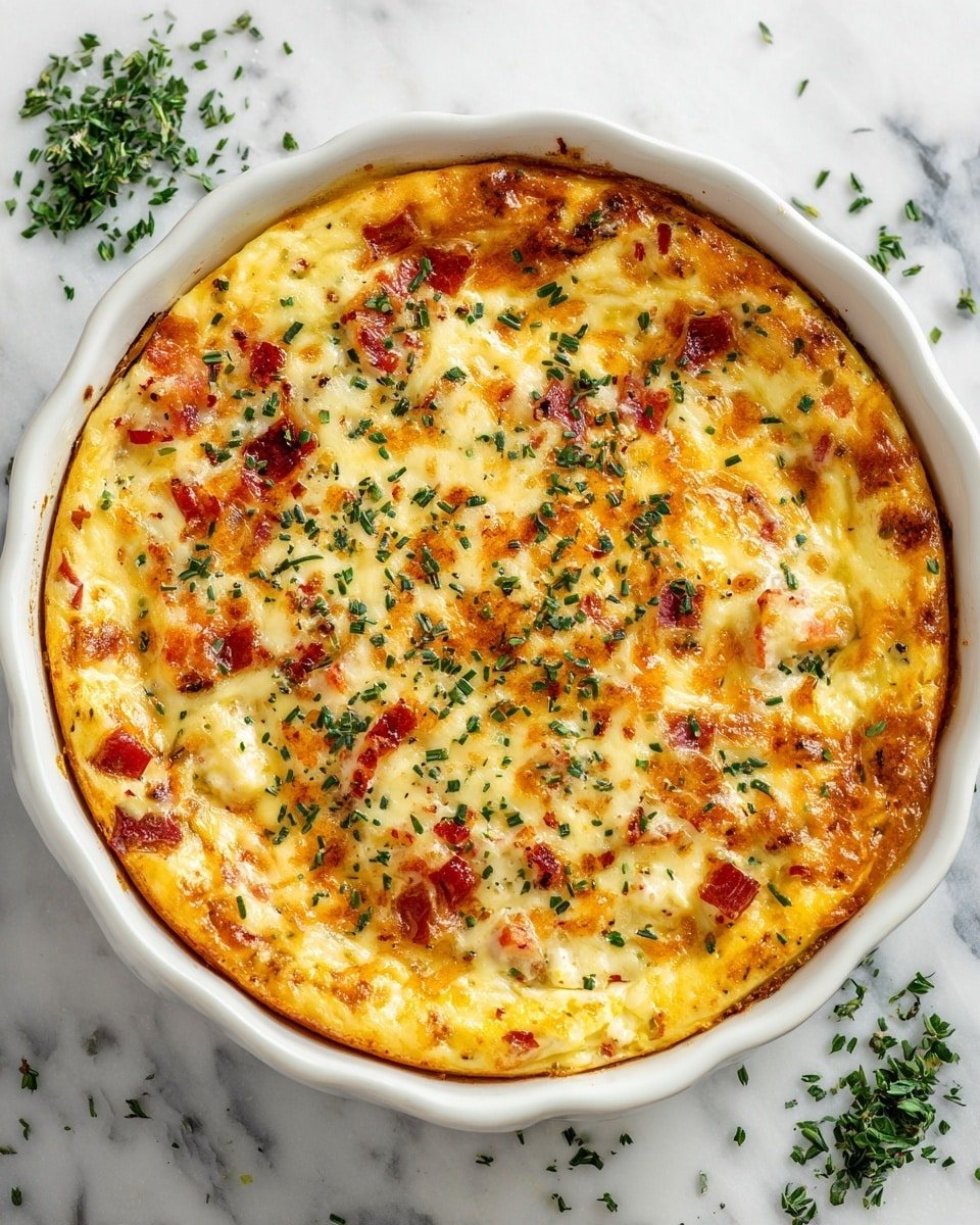 A round white ceramic dish filled with a baked casserole that has a golden-yellow melted cheese layer on top, scattered with small green herbs. Beneath the cheese, there are visible creamy white chunks mixed with some orange and red bits, likely pieces of cooked ingredients. The edges of the dish show some slightly browned and crispy spots. The dish is placed on a white marbled surface with some small green herb pieces scattered nearby. photo taken with an iphone --ar 4:5 --v 7 — Keto Creamy Bacon Ranch Chicken Casserole, low-carb bacon ranch chicken, keto chicken casserole, creamy bacon chicken bake, easy keto chicken dinner