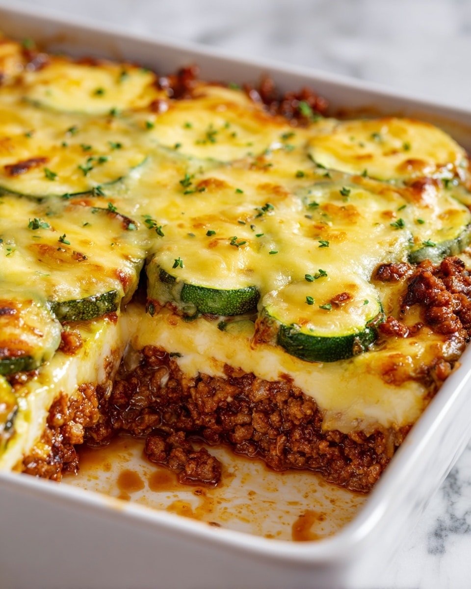 A close-up of a white square baking dish filled with a layered casserole. The bottom layer is browned ground meat with a crumbly texture, topped by slices of green zucchini. Above the zucchini is a generous melted cheese layer with a golden-yellow color and slight browned spots, sprinkled with small green herb pieces. The sides of the dish show some baked-on sauce and cheese drips. The dish is set on a white marbled surface. photo taken with an iphone --ar 4:5 --v 7 — Keto Cheesy Zucchini and Ground Beef Casserole, low-carb zucchini casserole, cheesy ground beef bake, keto zucchini recipes, healthy ground beef dish