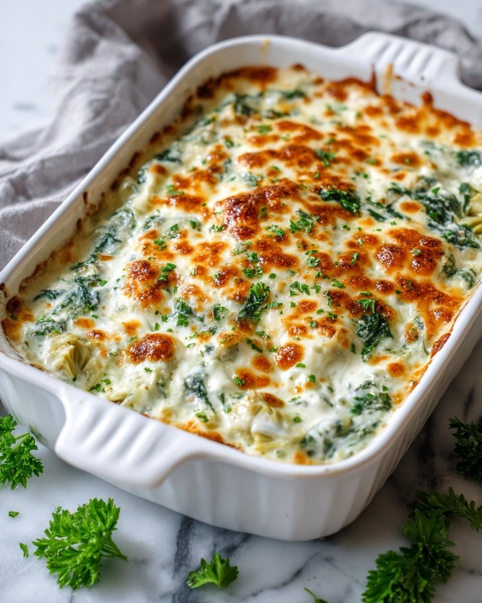 A white rectangular ceramic dish filled with a creamy baked casserole, showing the top layer covered with melted golden-brown cheese that bubbles and slightly browns in spots. Below this cheese layer are visible chunks of light-colored chicken mixed with bright green spinach and pale artichoke hearts, all evenly spread across the dish to create a textured surface. The dish is placed on a white marbled surface with some fresh green parsley scattered nearby, creating a fresh touch. The background shows a soft gray cloth softly draped, adding subtle texture. photo taken with an iphone --ar 4:5 --v 7 — Keto Spinach and Artichoke Chicken Casserole, low-carb chicken casserole, keto-friendly spinach artichoke bake, healthy chicken and vegetable casserole, easy keto chicken dinner