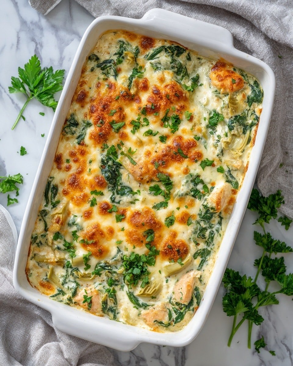 Keto Spinach and Artichoke Chicken Casserole Recipe - Serving Photo — Keto Spinach and Artichoke Chicken Casserole, low-carb chicken casserole, keto-friendly spinach artichoke bake, healthy chicken and vegetable casserole, easy keto chicken dinner