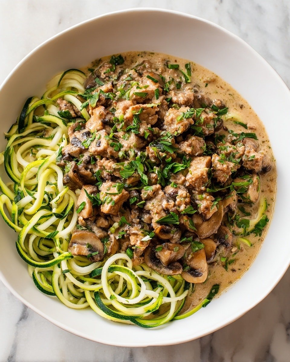 A round white bowl filled with two main layers: the bottom layer is light green spiral-shaped zucchini noodles with a smooth texture, and the top layer is a creamy mixture of browned pieces of meat and sliced mushrooms in a light brown sauce, garnished with small chopped green herbs sprinkled on top. The bowl sits on a white marbled surface. Photo taken with an iphone --ar 4:5 --v 7 — Keto Beef Stroganoff with Mushrooms and Cream, low carb beef stroganoff, keto mushroom beef stew, keto creamy beef recipe, easy keto dinner ideas