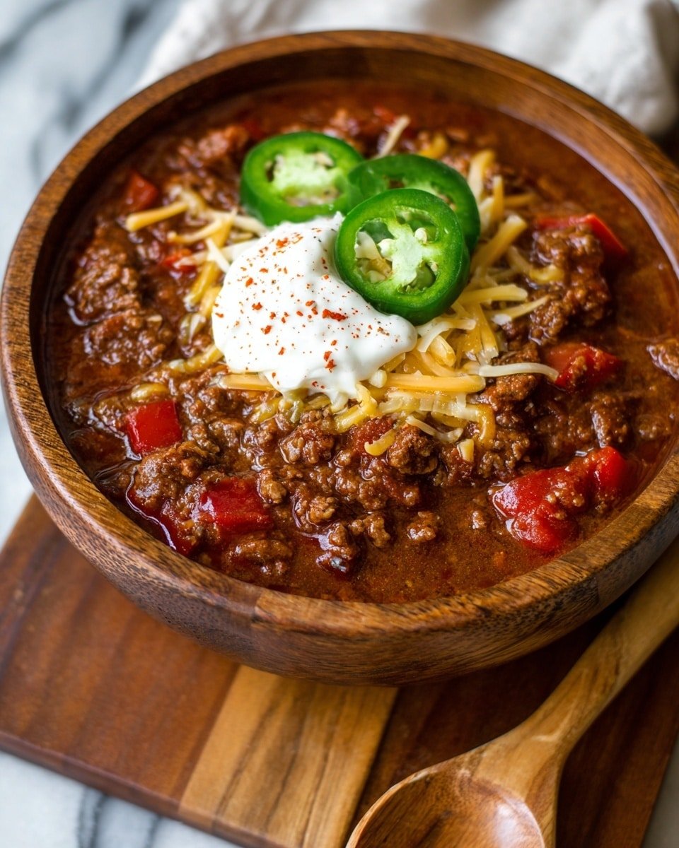 A brown round bowl filled with thick ground beef chili, containing red bell pepper pieces and soft chunks of tomato in a rich brown sauce. On top, there are thin pale yellow shredded cheese, three green jalapeño slices placed near the center, and a dollop of white sour cream sprinkled lightly with red chili powder. The bowl is placed on a wooden surface with a white marbled background, and a wooden spoon is beside it. Photo taken with an iphone --ar 4:5 --v 7 — Keto Beef Chili, low-carb chili recipe, keto dinner ideas, hearty keto meals, spicy beef chili