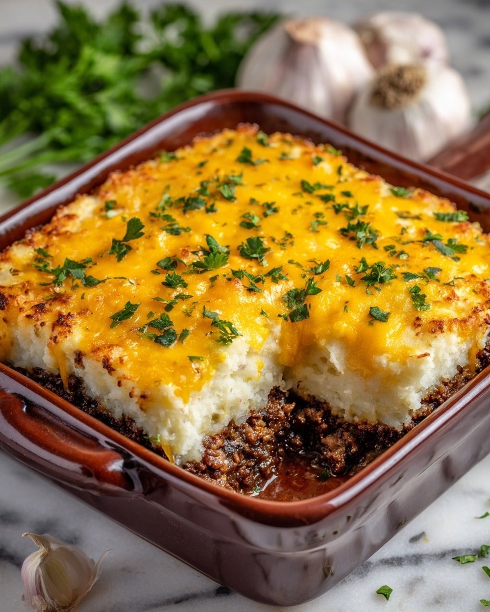 This image shows a brown square baking dish filled with a casserole that has three visible layers. The bottom layer is dark brown ground meat, topped by a thick white mashed layer, likely mashed cauliflower or potatoes. The top layer is melted yellow cheddar cheese with some browned spots from baking. Green parsley pieces are scattered evenly over the cheese, adding a fresh color contrast. The dish rests on a white marbled surface with garlic bulbs and some green herbs in the blurred background. Photo taken with an iphone --ar 4:5 --v 7 — Keto Beef and Cauliflower Casserole, low-carb keto casserole, healthy keto ground beef dish, keto cauliflower bake, easy keto dinner ideas