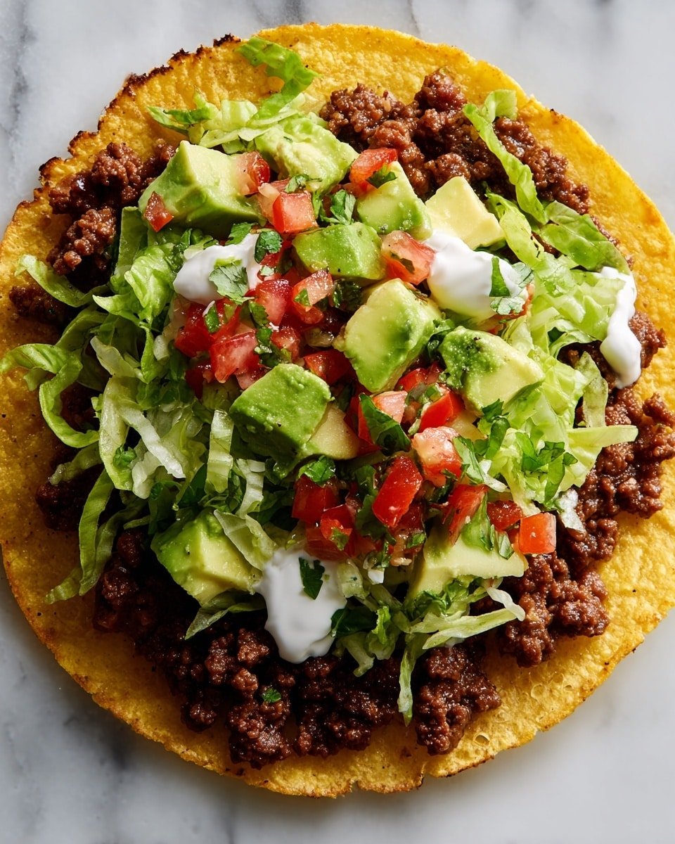 A single layered taco is shown on a white marbled surface, starting with a crispy, golden-yellow tortilla at the base with a rough, crunchy texture. On top, there is a thick layer of ground beef that is dark brown and crumbly. Above the beef, scattered chunks of bright green avocado add a fresh look. Shreds of light green lettuce are placed around the avocado, adding a leafy texture. Over the lettuce, there are small pieces of diced red tomatoes mixed with bits of white onion. Tiny chopped green herbs are sprinkled on top and around the layers. Small dollops of white sour cream sit nestled among the other ingredients, giving a creamy contrast. The overall dish looks fresh, colorful, and rich with multiple textures. Photo taken with an iphone --ar 4:5 --v 7 — Keto Beef Tostadas, low-carb Mexican dishes, keto ground beef recipes, easy keto appetizers, healthy tostada ideas