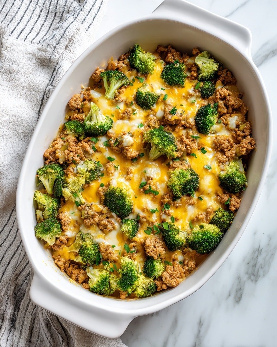 A white baking dish filled with a layered casserole, showing a base of cooked ground meat with a crumbly texture and light brown color, topped unevenly with bright green broccoli florets. Over the meat and broccoli, there is a layer of melted cheese, a mix of yellow and white colors, smoothly covering parts but letting the ingredients underneath be visible. Small bits of chopped green herbs are scattered on the top for color and freshness. The dish is placed on a white marbled surface and a white and grey striped cloth is partially visible in the background. Photo taken with an iphone --ar 4:5 --v 7 — Keto Beef and Broccoli Casserole, low carb beef casserole, keto dinner ideas, healthy beef broccoli bake, easy keto casseroles
