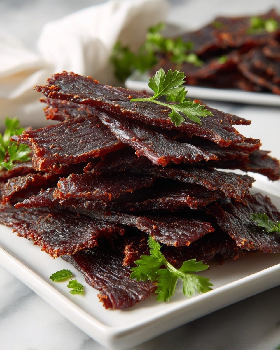 Keto Beef Jerky Recipe - Recipe Image — Keto Beef Jerky, low-carb beef jerky, homemade beef jerky, keto snack ideas, savory beef jerky