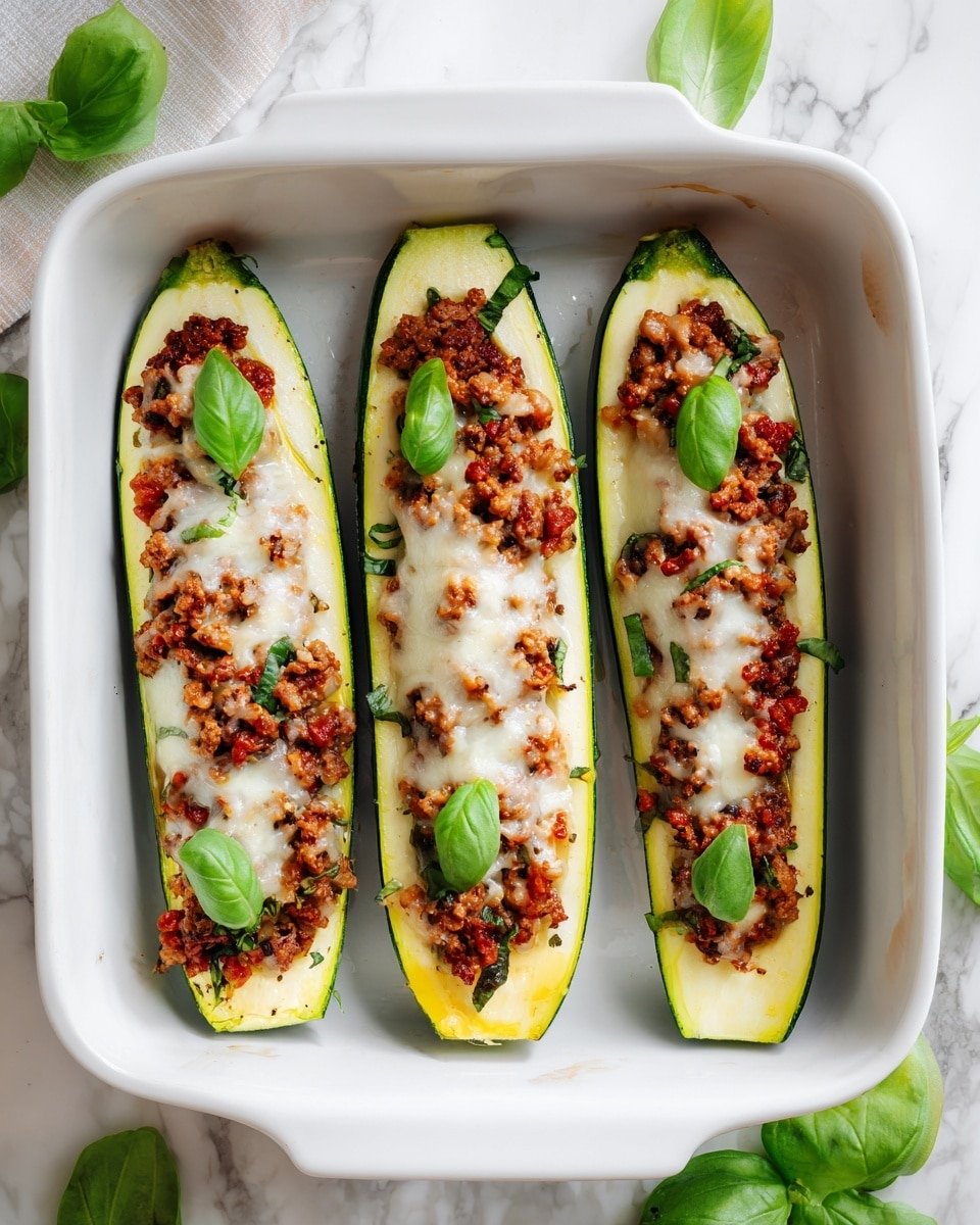 The image shows four zucchini boats arranged in a white baking dish, each zucchini sliced lengthwise and hollowed out to create a green outer shell with a bright yellow inner edge. Inside each zucchini boat, there is a layer of finely chopped cooked meat mixed with small pieces of vegetables, topped with melted white cheese that looks soft and slightly browned. Fresh green basil leaves are placed on top of each zucchini boat as a finishing touch. The dish is on a white marbled surface with some scattered basil leaves around. photo taken with an iphone --ar 4:5 --v 7 — Keto Beef Zucchini Boats, Low-Carb Beef Zucchini Boats, Keto Vegetable Boats, Healthy Stuffed Zucchini Recipes, Easy Keto Dinner Ideas