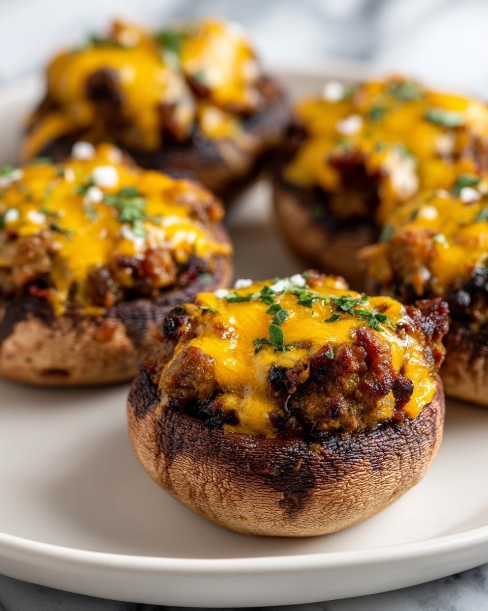 The image shows four stuffed mushrooms arranged on a white plate placed on a white marbled surface. Each mushroom has a deep brown, slightly wrinkled cap as the base layer. The middle layer is filled with a cooked ground meat mixture, dark brown and uneven in texture, fully filling the mushroom caps. The top layer is melted bright yellow-orange cheddar cheese that spreads over the meat and drips slightly down the sides. Small green herb pieces are sprinkled on top along with tiny white flakes, adding a fresh and textured look. The mushrooms are closely grouped with a soft, natural light highlighting their glossy and rich textures. Photo taken with an iphone --ar 4:5 --v 7 — Keto Beef and Cheese Stuffed Mushrooms, low-carb stuffed mushrooms, keto appetizer recipes, high-protein mushroom bites, savory keto mushroom dish