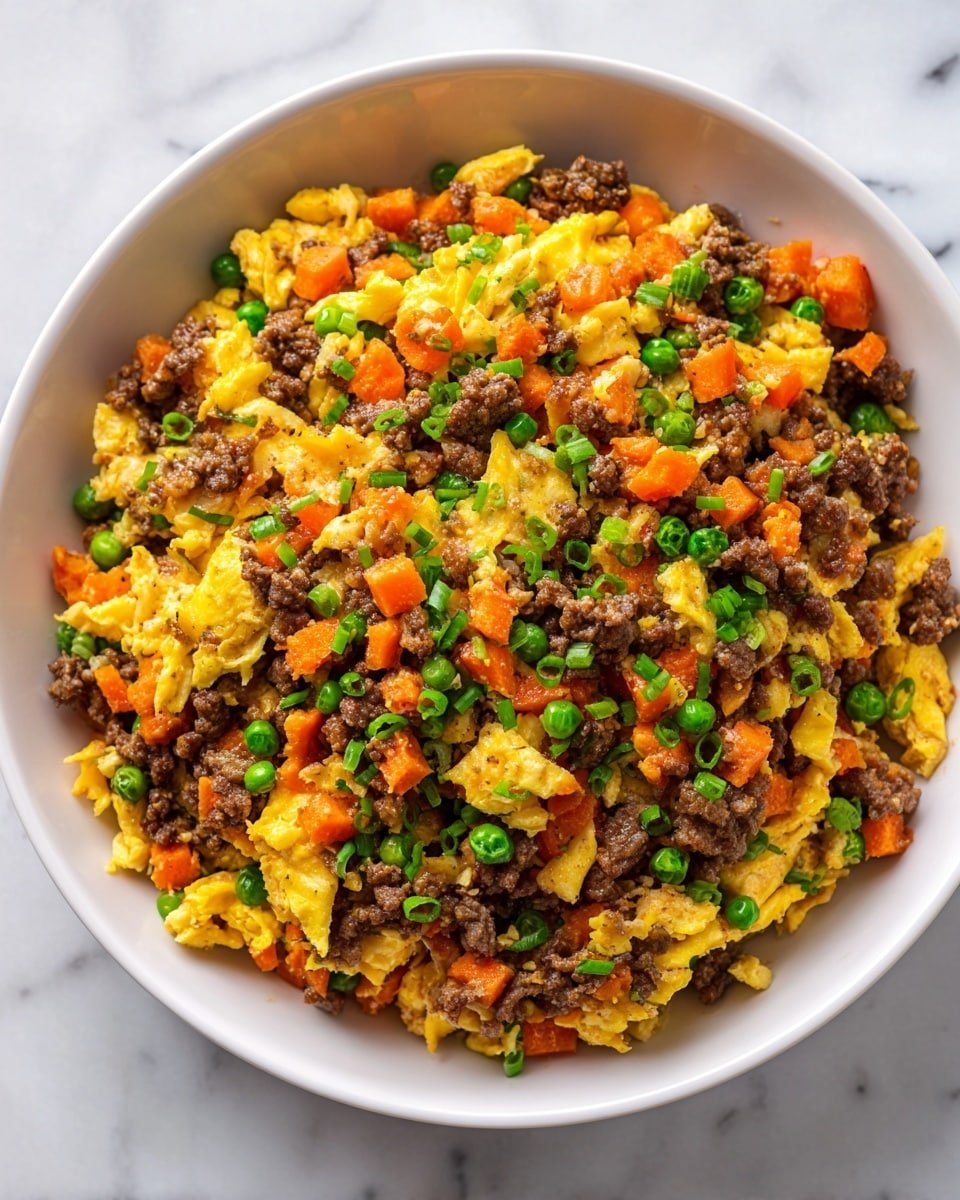 A white bowl is filled with a colorful mix made of three main layers: small bits of cooked ground meat in brown, yellow scrambled eggs broken into tiny pieces, and bright orange carrot cubes. Mixed throughout are small green peas and chopped green onions, adding fresh green color dots. The texture looks soft and crumbly with no liquid, and the bowl sits on a white marbled surface. photo taken with an iphone --ar 4:5 --v 7 — Keto Beef and Cauliflower Fried Rice, low-carb fried rice, keto stir-fry recipes, healthy cauliflower rice dishes, easy keto weeknight dinners