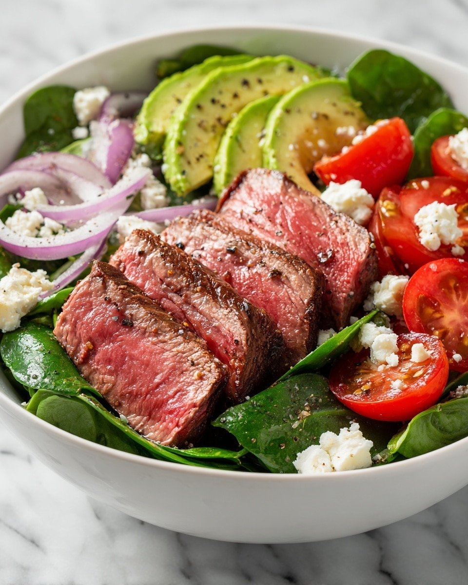 A white bowl holds a fresh salad with several layers: the bottom layer is bright green spinach leaves, topped with red cherry tomato halves scattered around the bowl. Thin slices of pale purple onion are mixed in, along with small white crumbles of cheese. On top, several thick slices of medium-rare steak with a reddish-pink center and brown edges sit in the middle, and slices of bright green avocado are placed nearby. The salad is sprinkled with black pepper. The bowl is placed on a white marbled surface photo taken with an iphone --ar 4:5 --v 7 — Keto Beef and Spinach Salad, low-carb beef salad, keto spinach salad, healthy beef salad recipe, easy keto dinner ideas