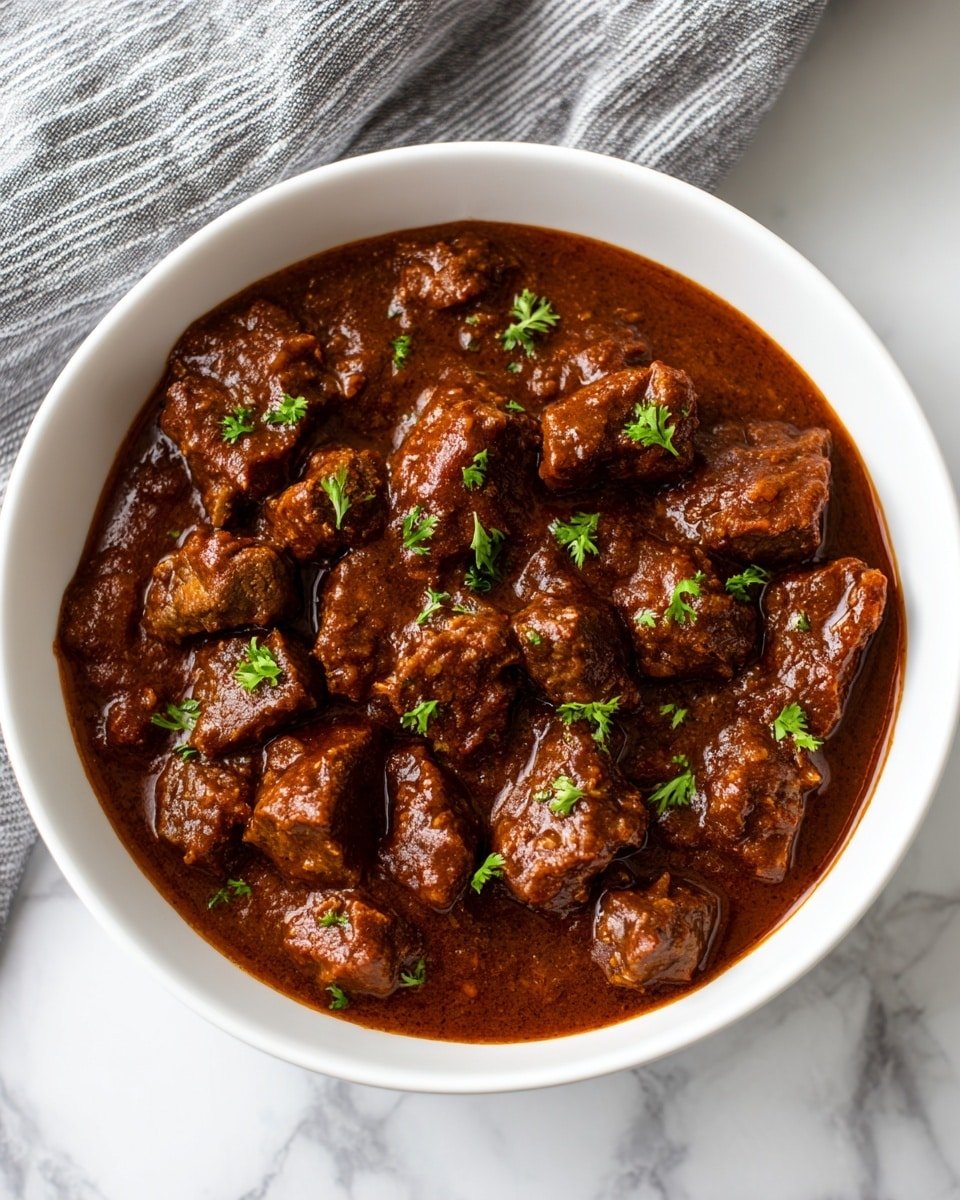 The image shows a white bowl filled with chunks of meat covered in thick brown sauce, garnished with small green coriander leaves scattered on top. The sauce looks smooth and glossy, coating the meat pieces evenly. The bowl sits on a white marbled surface, with a gray and white striped cloth partially visible in the upper right corner. The photo is taken from above, capturing the full bowl and its contents clearly. photo taken with an iphone --ar 4:5 --v 7 — Keto Beef Curry with Coconut Milk and Cauliflower Rice, low-carb beef curry recipe, keto-friendly curry dinner, healthy beef curry with coconut milk, easy keto cauliflower rice recipe