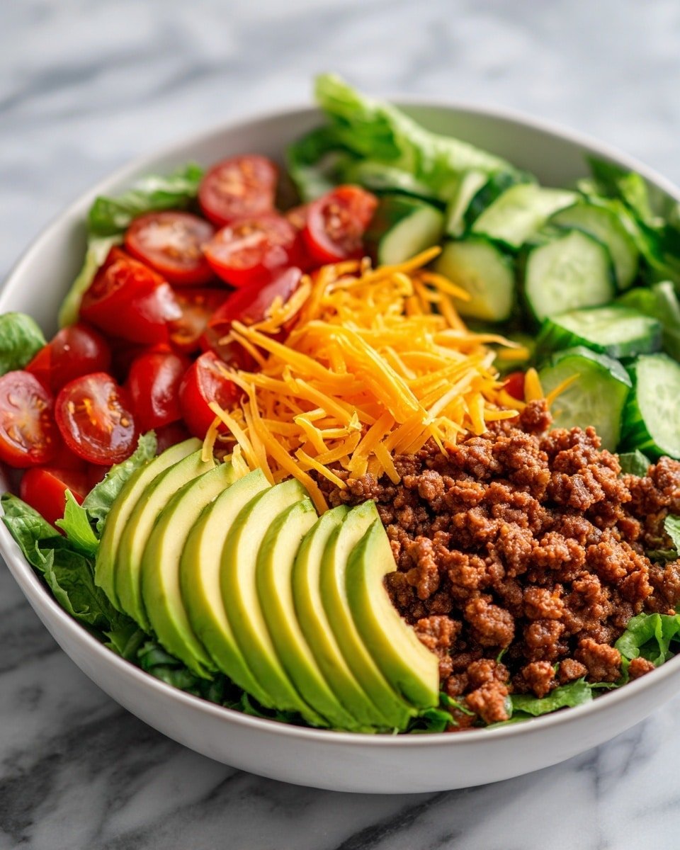A fresh salad is shown in a white bowl on a white marbled surface, with a layer of green lettuce leaves at the bottom. On top of the lettuce, there is a layer of cooked minced meat that is brown and crumbly in texture. Scattered among the meat are bright red halved cherry tomatoes and pieces of sliced green cucumber. On one side of the bowl, there are thin slices of yellow-green avocado placed in a neat row. The salad is finished with a sprinkle of shredded orange cheddar cheese evenly spread over the top. Photo taken with an iphone --ar 4:5 --v 7 — Keto Beef Taco Salad, low-carb taco salad, keto dinner ideas, quick keto meals, healthy taco salad