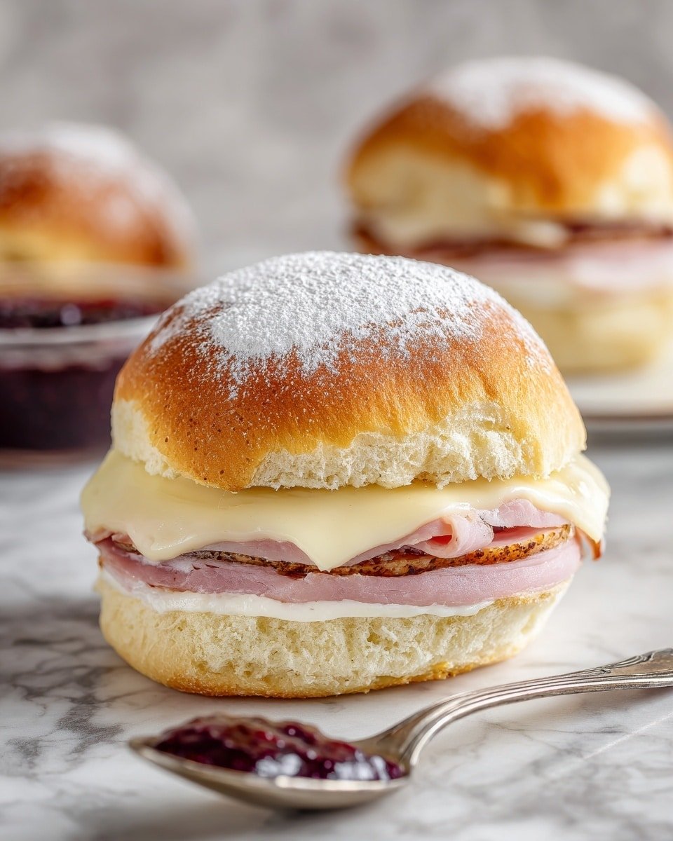 Monte Cristo Sliders Recipe - Serving Photo — Monte Cristo Sliders, Monte Cristo sandwich, party sliders, savory ham and turkey sliders, cheese appetizer ideas