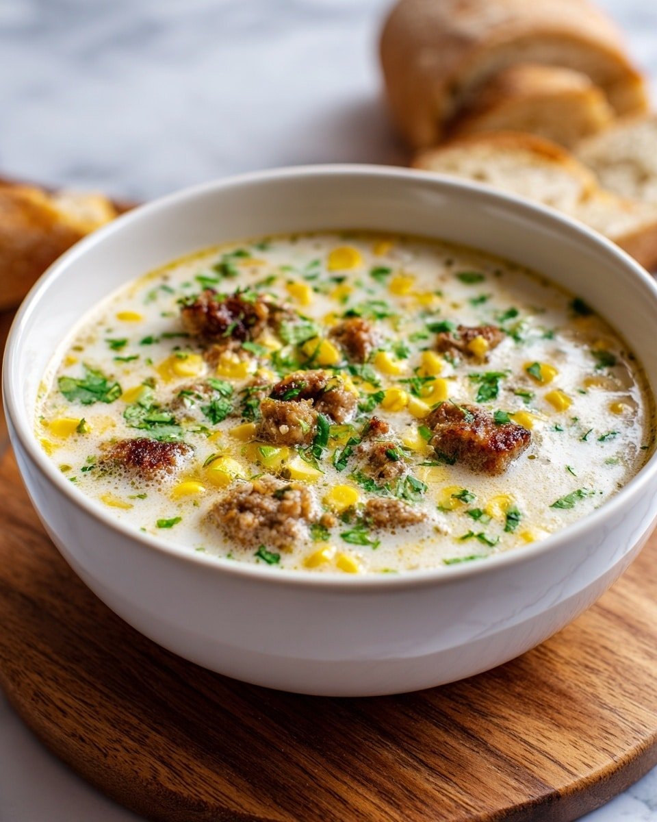 Creamy Italian Sausage Soup Recipe - Serving Photo — Creamy Italian Sausage Soup, Italian sausage soup recipe, comforting sausage soup, savory sausage and vegetable soup, easy creamy Italian soup