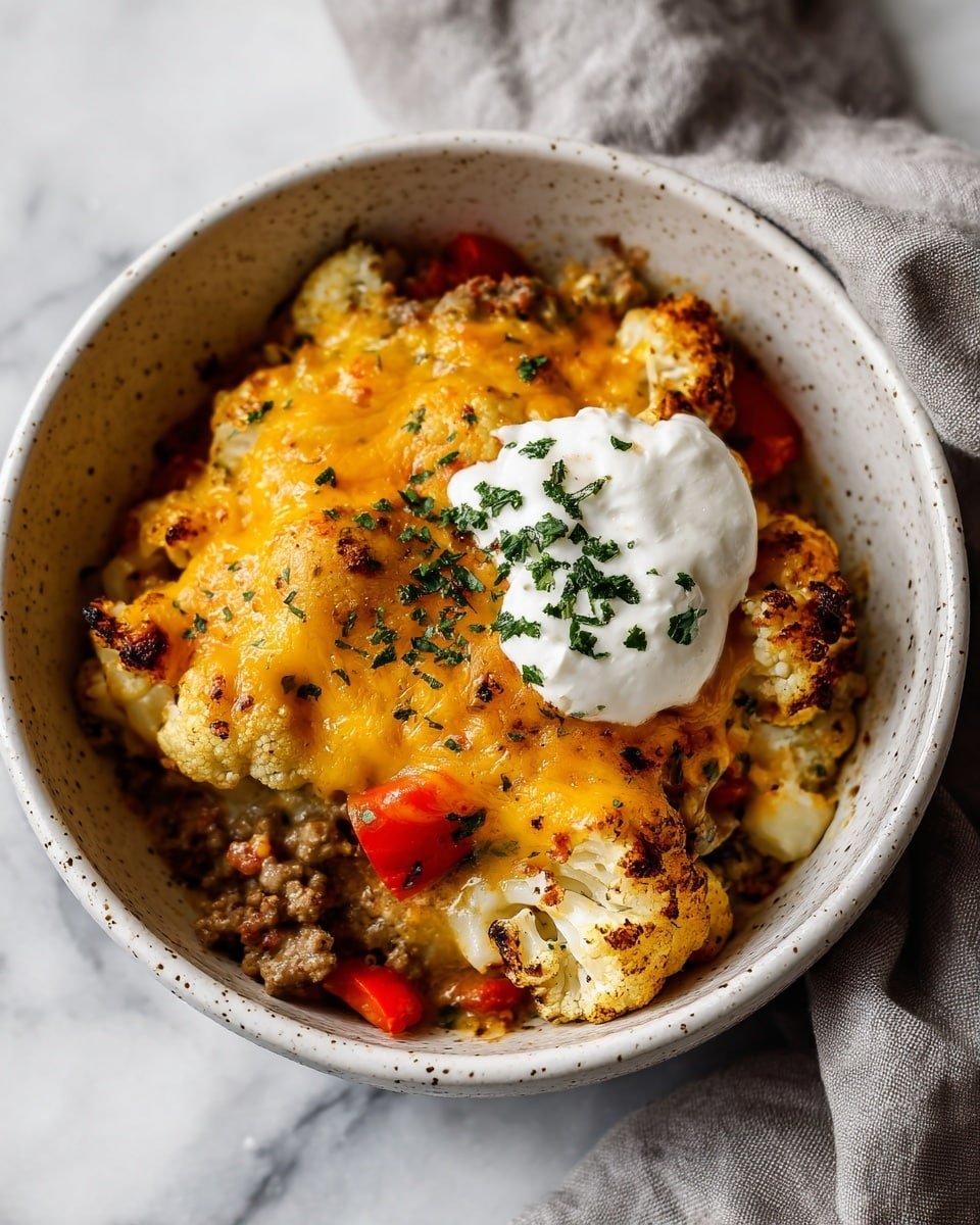 Keto Mexican Beef and Cauliflower Casserole Recipe - Serving Photo — Keto Mexican Beef and Cauliflower Casserole, low-carb Mexican casserole, keto beef and cauliflower bake, spicy keto casserole, healthy Mexican dinner
