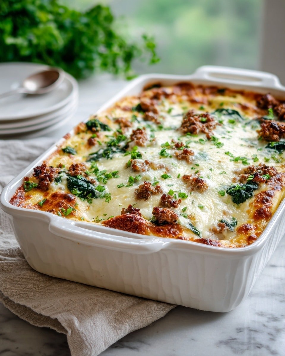 Keto Sausage and Spinach Casserole Recipe - Serving Photo — Keto Sausage and Spinach Casserole, low-carb sausage bake, keto spinach casserole, healthy sausage and spinach dish, keto comfort food