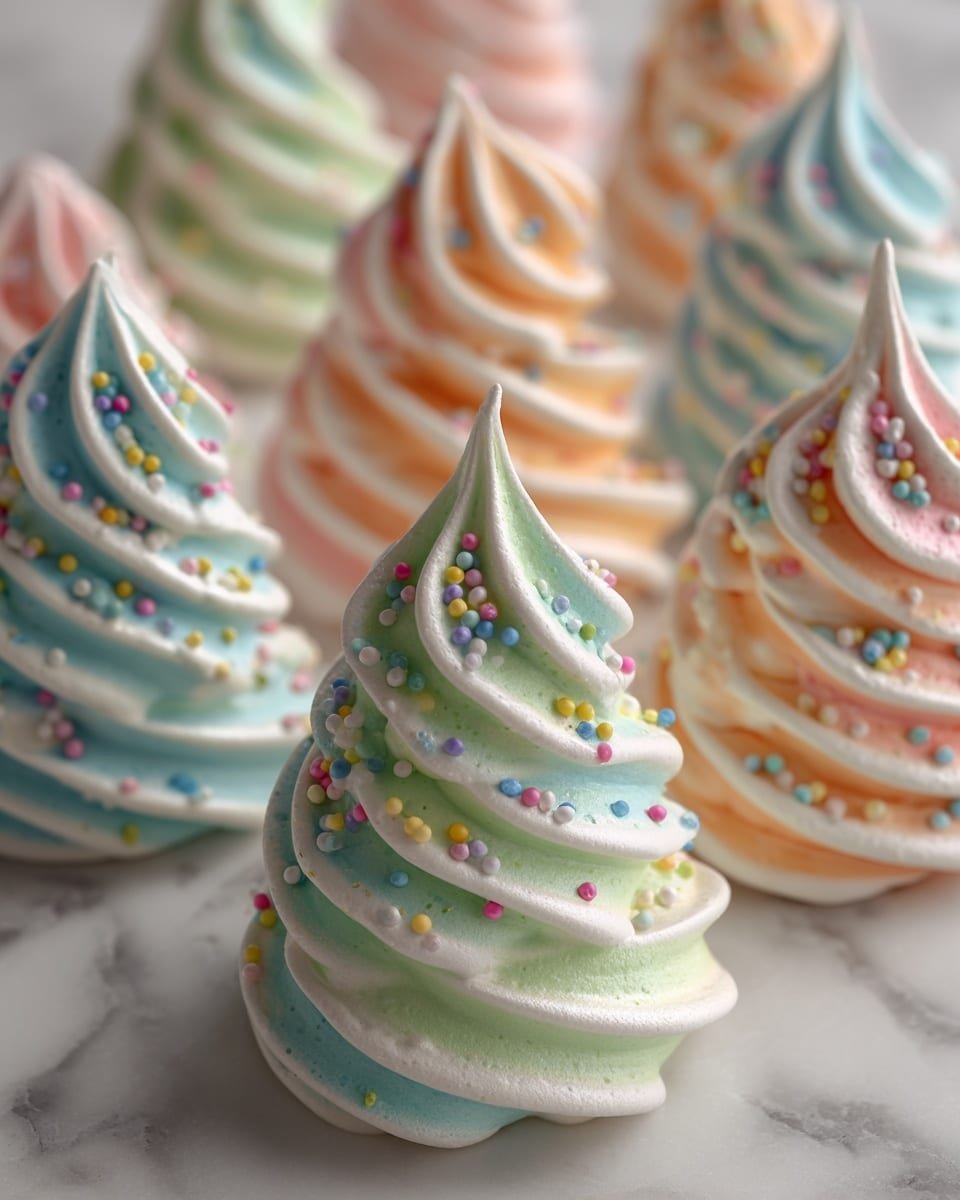 The image shows several meringue cookies shaped like small Christmas trees. Each tree has multiple swirled layers of smooth, light green and white meringue, creating a soft spiral pattern that narrows to a point at the top. The surface of each tree is decorated with tiny round colorful sprinkles in pink, blue, yellow, orange, and white, scattered evenly across the layers. The meringue trees are arranged on a white marbled surface, with some in sharp focus at the front and others softly blurred in the background. Photo taken with an iphone --ar 4:5 --v 7 — Christmas Tree Meringues, festive holiday meringues, holiday treat ideas, easy Christmas desserts, Christmas party snacks