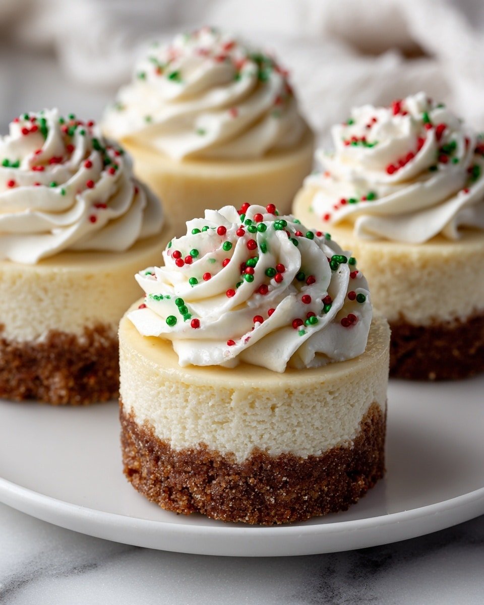The image shows four mini cheesecakes on a white plate, set on a white marbled surface. Each cheesecake has three layers: a thick crumbly brown crust at the bottom with a rough texture, a smooth creamy white middle layer of cheesecake, and a top layer of white whipped cream swirled in a spiral. The whipped cream is decorated with small red and green sprinkles, adding a festive look. The closest cheesecake is in sharp focus, while the others are slightly blurred in the background, making the textures and colors stand out. Photo taken with an iphone --ar 4:5 --v 7 — Mini Christmas Cheesecakes, holiday dessert recipes, festive cheesecake bites, easy Christmas desserts, bite-sized holiday treats