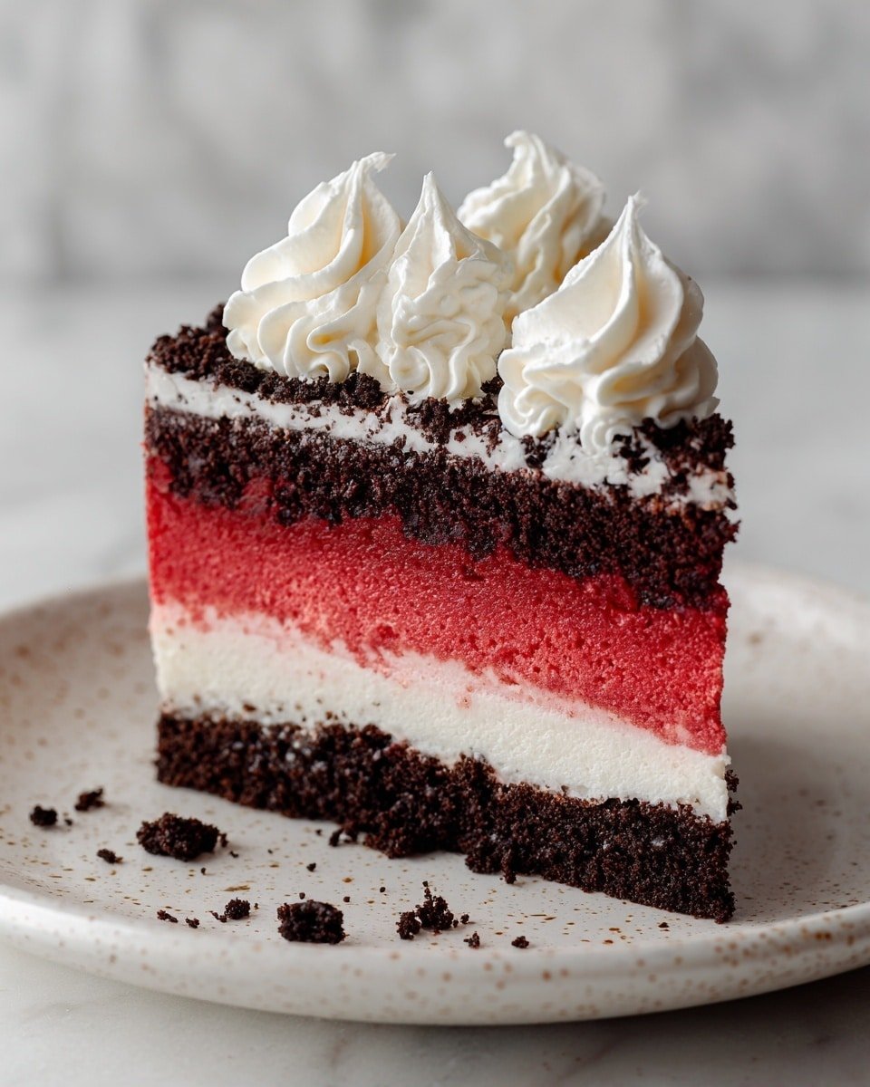 A slice of cake with three layers sits on a white speckled plate over a white marbled surface. The bottom layer is dark brown and crumbly like crushed cookies. The middle layer is thick and bright red with a smooth, creamy texture. The top layer is covered with more dark brown crumbs and decorated with soft, white swirls of whipped cream along one edge. Some crumbs are scattered on the plate around the slice. Photo taken with an iphone --ar 4:5 --v 7 — Red Velvet Oreo Cheesecake, decadent red velvet cheesecake, Oreo cookie dessert, festive cheesecake recipe, creamy red velvet cheesecake