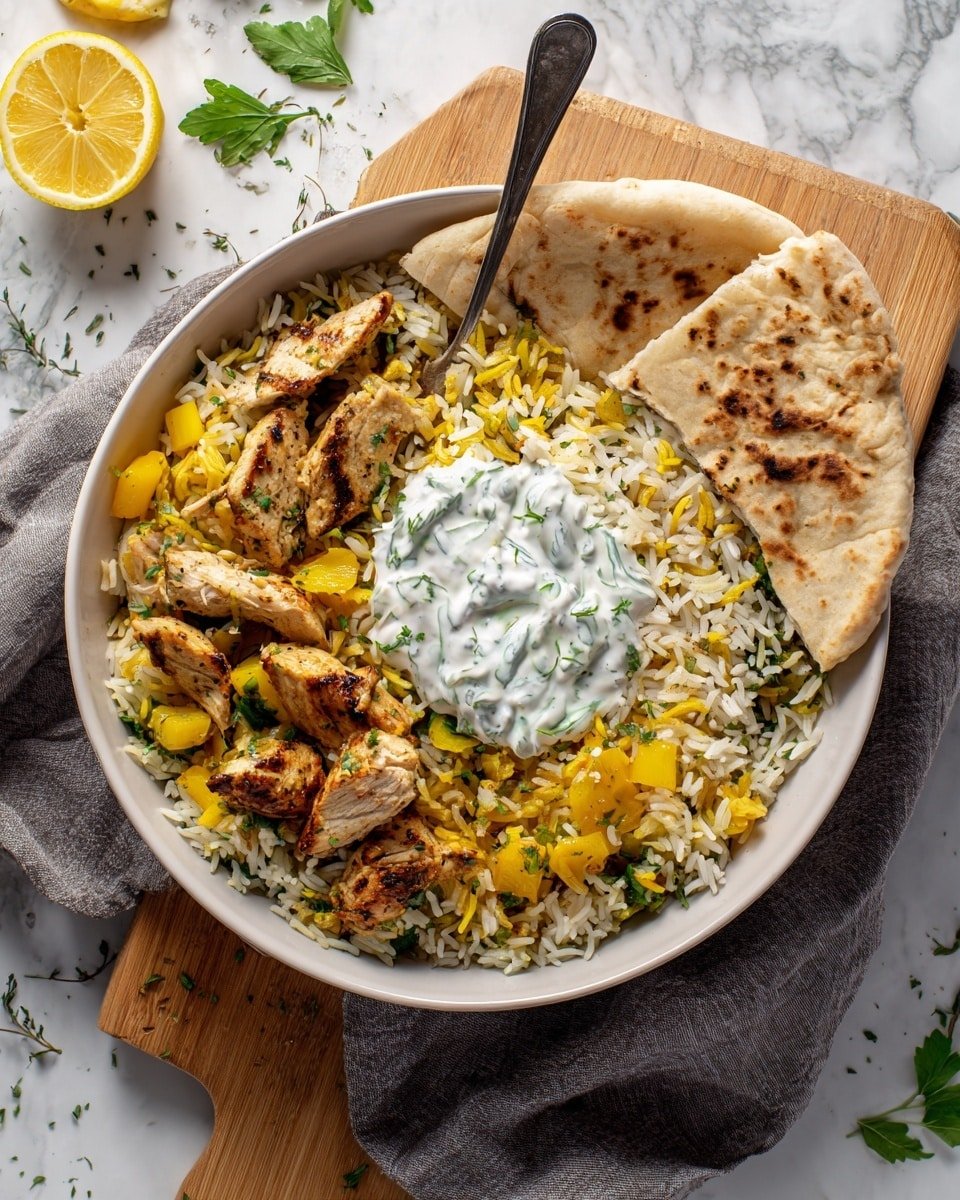 A white bowl with one layer of white and yellow rice mixed with small green herbs, topped with grilled pieces of light brown chicken and chunks of yellow bell pepper scattered on top. A dollop of white sauce with green specks sits in the center, and two folded pieces of flatbread with light and dark brown spots rest on the right side. A wedge of yellow lemon is placed on the left edge of the bowl. The bowl is on a gray cloth over a wooden board, with a spoon standing inside the bowl. The background has hints of fresh green herbs and lemon pieces on a white marbled surface. Photo taken with an iphone --ar 4:5 --v 7 — Easy Chicken Tzatziki Rice Bake, Greek-inspired baked chicken and rice, easy baked chicken casserole, healthy chicken and rice skillet, quick tzatziki chicken bake