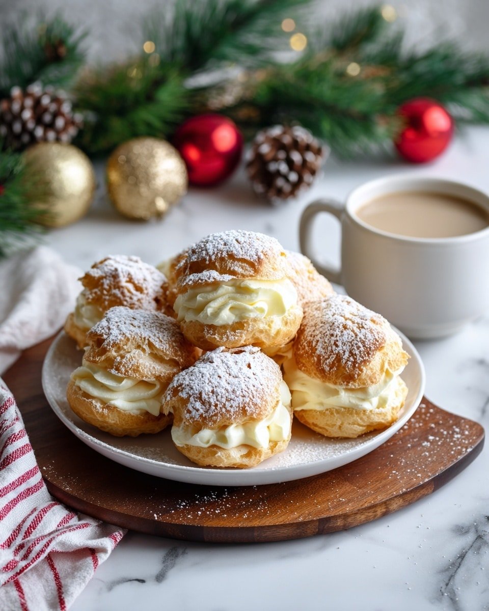 A white plate on a wooden board holds a pile of cream puffs dusted with powdered sugar; each puff has two golden, slightly crispy layers sandwiching a thick, smooth cream filling that is visible around the edges. The plate is set on a white marbled surface with green pine branches, red and gold Christmas ornaments, and a pine cone in the background, along with a white cup of light beige beverage on the right side. A red and white striped cloth is partially visible on the left. Photo taken with an iphone --ar 4:5 --v 7 — Eggnog Cream Puffs, holiday cream puff recipe, festive pastry ideas, eggnog dessert, seasonal holiday treats