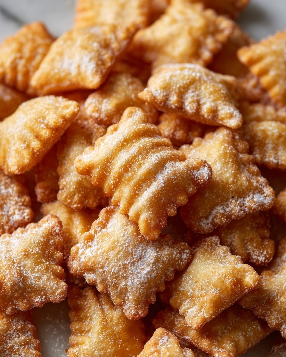 A close-up view of many small, square and pillow-shaped fried snacks piled on a white marbled surface. Each piece is golden brown with a crisp texture, featuring small ridges and sealed edges. The snacks are dusted unevenly with white powdered sugar, creating a light contrast on the warm, golden color. The background is blurred softly, keeping the focus tightly on the textured snack pile. photo taken with an iphone --ar 4:5 --v 7 — Caramel Apple Puppy Chow, Caramel Apple Puppy Chow Recipe, fall snack ideas, easy puppy chow recipe, caramel apple crunch