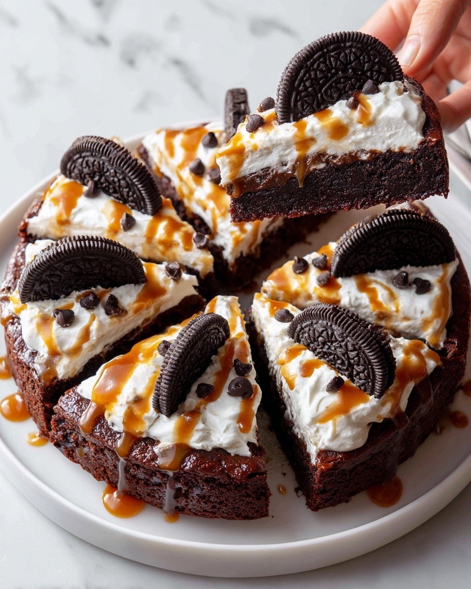 The image shows a dark chocolate brownie cake sliced into eight pieces on a white round plate placed on a white marbled surface. Each slice has three layers: the dense dark chocolate brownie base, a top layer of thick white whipped cream, and a drizzle of shiny caramel sauce across the cake. On top of each slice is a whole black-and-white sandwich cookie with detailed patterns, sitting on the whipped cream. Some slices also have small chocolate chips visible near the brownie layer. One slice is being held up by a woman's hand, showing the moist texture of the brownie. The overall look is rich and indulgent with a contrast of dark brown, white, and caramel colors, photo taken with an iphone --ar 4:5 --v 7 — Oreo Fudge Brownie Pizza, Oreo dessert pizza, chocolate brownie pizza, easy Oreo pizza recipe, no-bake Oreo pizza