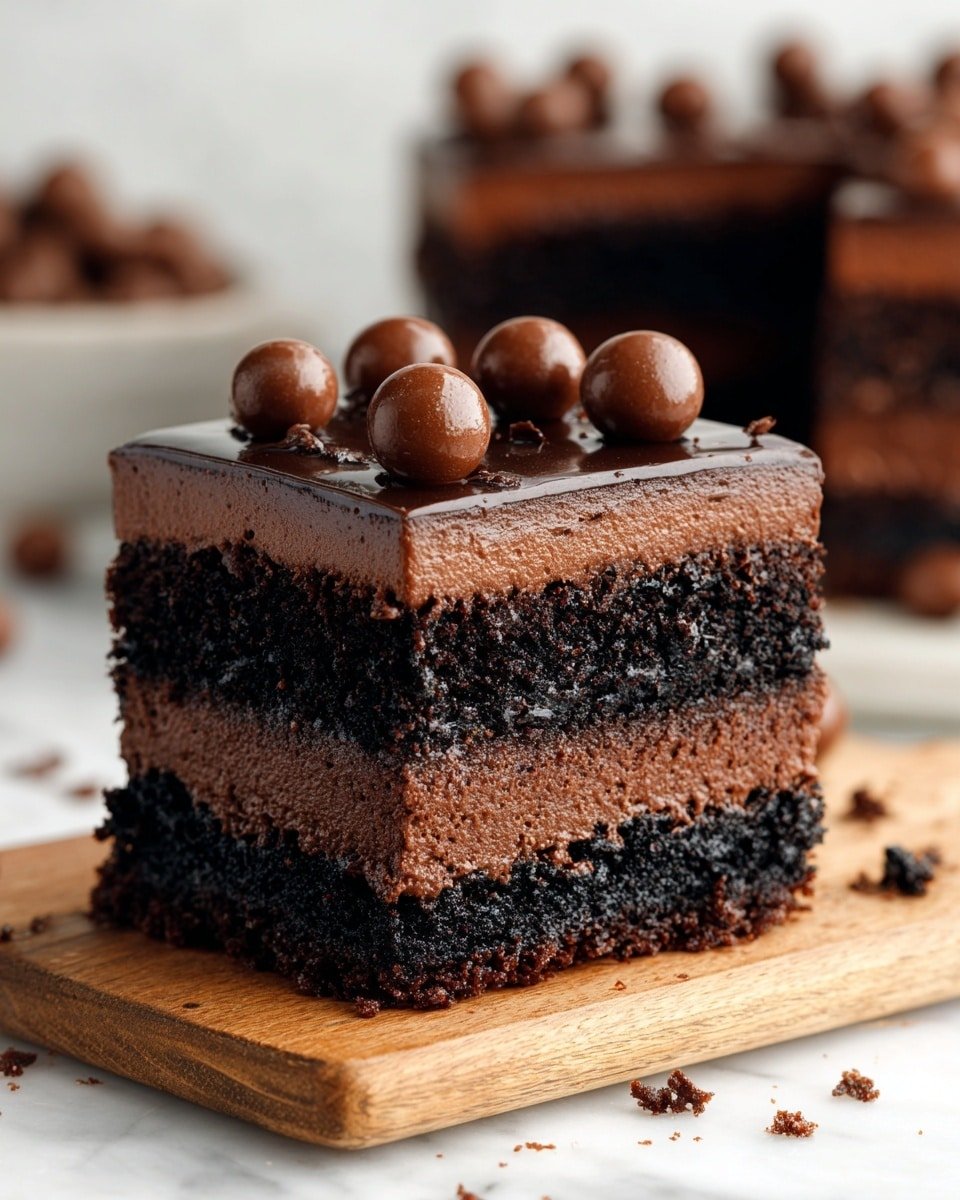 The image shows a close-up of a square slice of chocolate cake with three visible layers. The bottom layer is a dark, crumbly crust, followed by a thick, dense middle layer of rich chocolate cake, and topped with a smooth, shiny layer of chocolate frosting. Small round chocolate balls are scattered on top of the frosting. The cake slice is placed on a wooden board with chocolate crumbs around it, and the background features a blurred, larger cake of the same type. The whole scene is on a white marbled surface. photo taken with an iphone --ar 4:5 --v 7 — Chocolate Cheesecake Bars with Oreo Crust and Ganache, decadent chocolate cheesecake bars, Oreo crust cheesecake, chocolate dessert bars, easy chocolate cheesecake