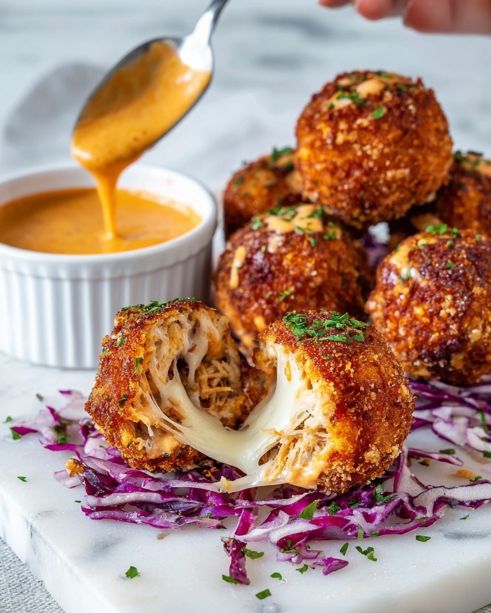 A close-up of crispy golden brown balls with a rough, crunchy outer layer, broken open to reveal gooey melted white cheese and chunky bits of shredded meat inside, resting on thin layers of purple and white cabbage strips with small bright green chopped herbs sprinkled on top; in the background, a white small round bowl filled with thick creamy orange sauce and more crispy balls are visible, while a spoon held by a woman's hand is dripping some sauce above the bowl, all set on a white marbled surface photo taken with an iphone --ar 4:5 --v 7 — Easy Reuben Balls with Spicy Thousand Island Dip, Reuben appetizer ideas, savory finger foods, game day snacks, cheesy Reuben bites