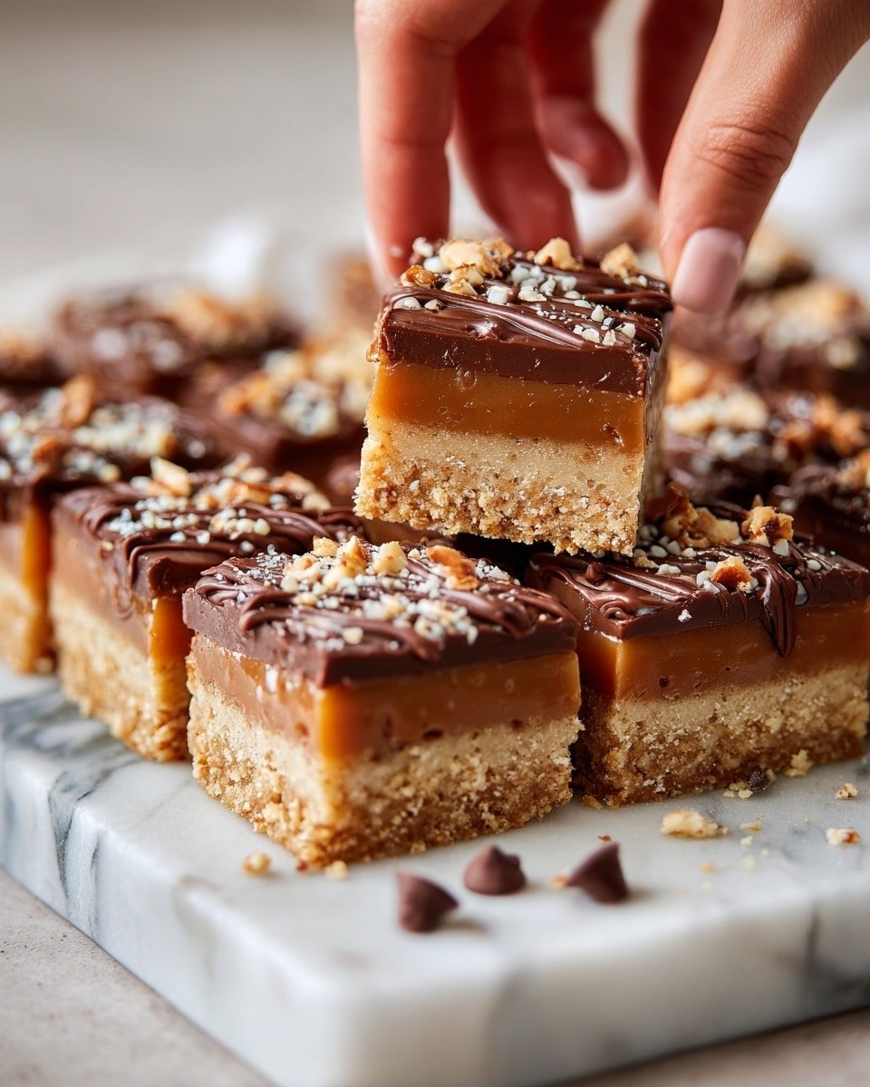 The image shows a close-up of several rectangular dessert bars arranged on a white marbled surface. Each bar has three main layers: the bottom layer is a light beige, thick, crumbly crust; the middle layer is a glossy, rich caramel with a smooth texture; the top layer is dark melted chocolate drizzled unevenly, with small crushed nuts sprinkled over it. There are also a few loose chocolate chips scattered around the bars. A woman's hand is placing or holding one bar from the group. Photo taken with an iphone --ar 4:5 --v 7 — Frozen Banana Snickers, banana dessert, chocolate-covered banana treats, no-bake banana snacks, quick fruit desserts