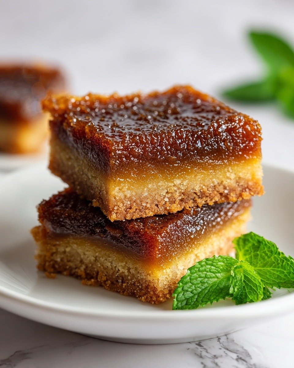 The image shows two square bars stacked on a white plate, each bar having three distinct layers. The bottom layer is a crumbly light brown crust with a rough texture. The middle layer is a sticky, darker brown filling with a glossy appearance. The top layer is a caramelized dark brown surface with tiny shiny bubbles, giving it a slightly crunchy look. A fresh green mint leaf is placed next to the bars on the plate. The background is a white marbled texture. Photo taken with an iphone --ar 4:5 --v 7 — Butter Tart Squares dessert, easy butter tart squares, Canadian butter tart dessert, caramel tart squares, buttery tart bar recipe