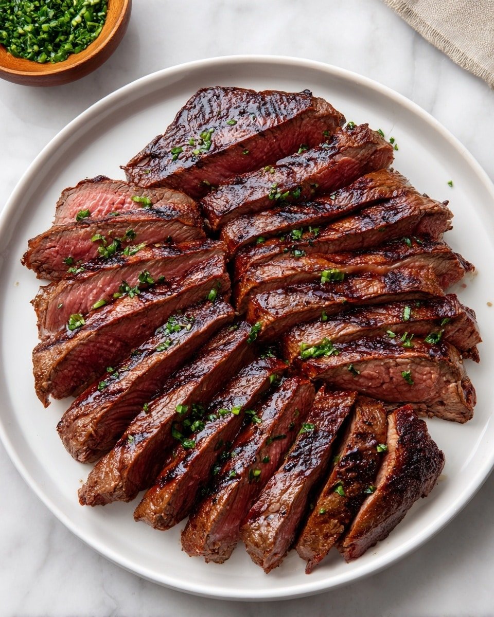 The image shows a white plate filled with slices of grilled steak arranged in a slight pile. Each slice displays a charred, dark brown crust with visible grill marks, while the inside is cooked to a pink medium-rare with a tender texture. Small bits of green herbs are sprinkled on top, adding a touch of color contrast to the rich brown and pink meat. The plate sits on a white marbled surface with a small wooden bowl of chopped green herbs partially visible at the top left corner. The photo taken with an iphone --ar 4:5 --v 7 — Charred and Juicy Marinated Skirt Steak, grilled skirt steak marinade, easy steak marinade recipe, flavorful steak for quick dinners, smoky grilled steak
