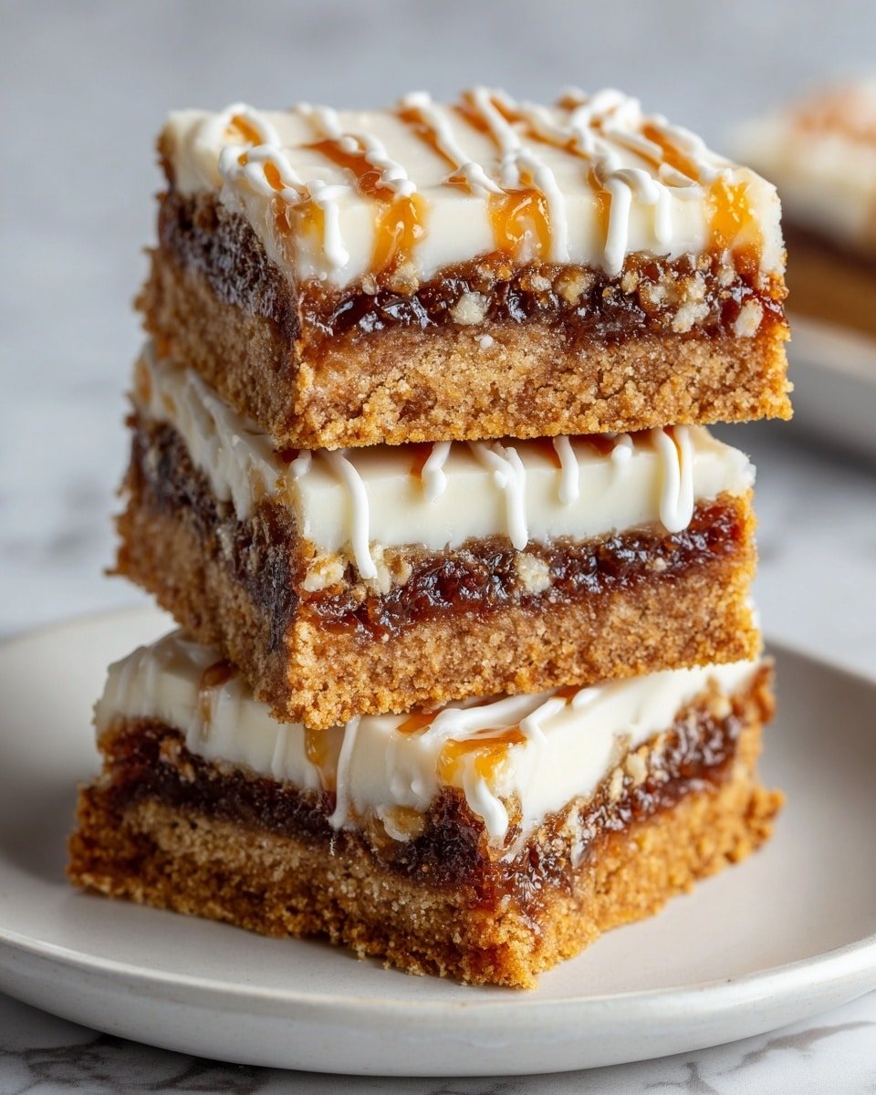 Three square dessert bars are stacked on a white plate with a white marbled surface in the background. Each bar has three layers: a bottom layer of golden brown cookie crust with a crumbly texture, a middle layer of dark brown sticky filling showing bits of nuts and chewy pieces, and a top layer of smooth white icing with white icing lines drizzled across the top bar. The bars look thick and rich, with some filling slightly oozing out between layers. photo taken with an iphone --ar 4:5 --v 7 — Cinnamon Roll Bliss Bars, easy cinnamon roll bars, gooey cinnamon dessert, no-roll cinnamon bars, quick cinnamon roll treat
