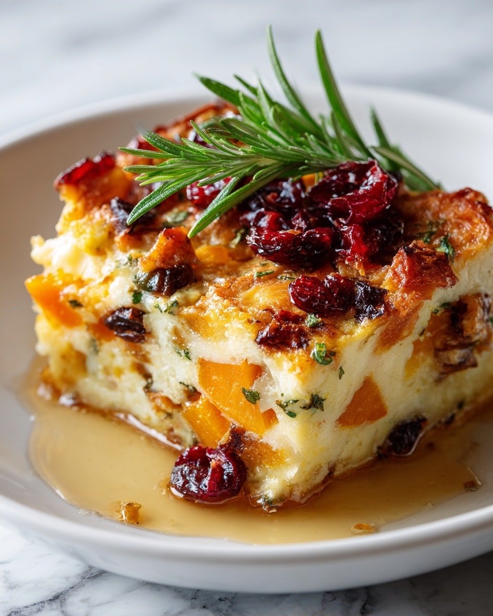 A close-up of a golden-brown baked dish with a crispy top layer, dotted with small green herbs and dark roasted bits. The middle and bottom layers are soft and light beige, filled with chunks of orange pieces, possibly squash. The dish is garnished with bright red dried cranberries and a fresh green rosemary sprig placed on top. The food sits on a white plate with some syrup or sauce pooling around it. The background has a white marbled texture. Photo taken with an iphone --ar 4:5 --v 7 — Sweet Potato & Cranberry Gratin, festive sweet potato casserole, holiday cranberry side dish, cozy seasonal gratin, easy festive side recipe