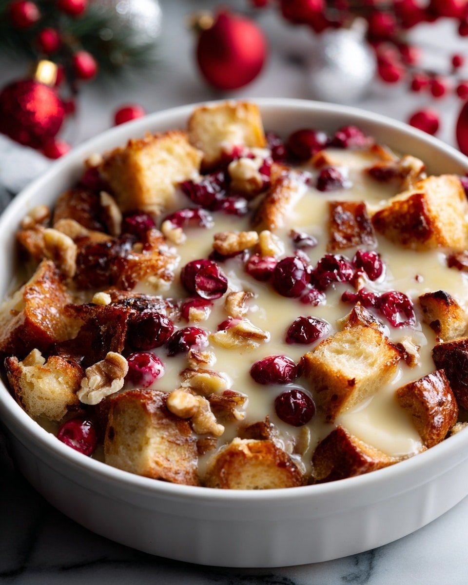 The dish is a close-up view of a bread pudding in a round white ceramic dish, filled with golden brown toasted bread chunks that have a crisp texture. Scattered throughout are bright red cranberries adding a pop of color, and the top is covered by a smooth, creamy vanilla sauce that slightly pools in the crevices of the bread. The edges of the bread cubes have a caramelized look, and there are small walnut pieces sprinkled among the cranberries. The background shows blurred Christmas decorations and a white marbled surface beneath the dish. photo taken with an iphone --ar 4:5 --v 7 — Christmas Cranberry Bread Pudding with Vanilla Sauce, festive holiday bread pudding recipe, easy cranberry bread pudding, warm holiday dessert with vanilla sauce, cozy Christmas dessert