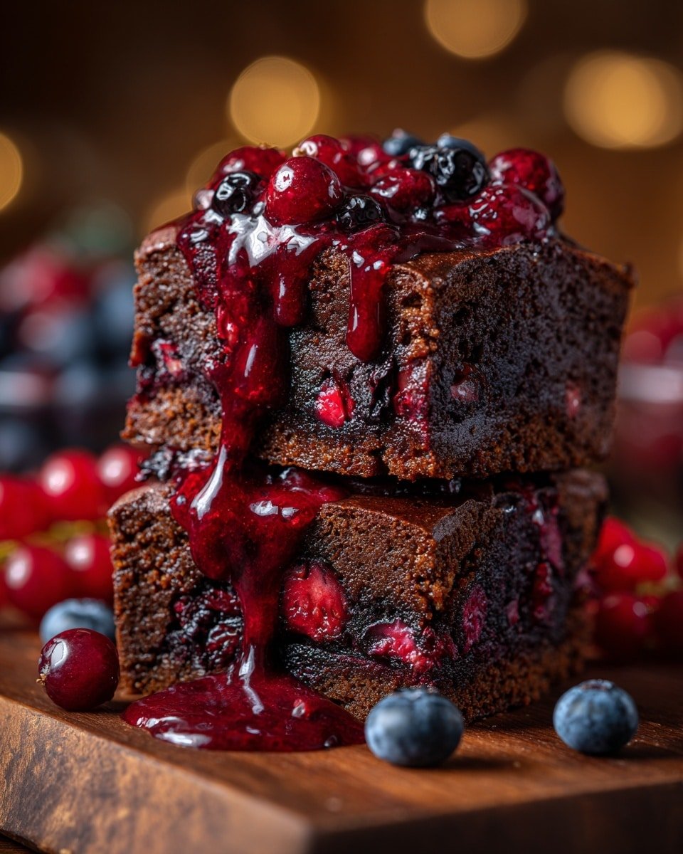 The image shows two stacked square slices of a dark brown cake filled with red berries and dark blue or black fruits, with glossy red berry sauce dripping over the edges. The cake looks moist and dense, with the berries embedded inside and on top. Around the cake slices on the wooden board, there are some whole red and blue berries scattered. The background has a warm, soft focus tone. Photo taken with an iphone --ar 4:5 --v 7 — Sticky Cranberry Gingerbread, gingerbread with cranberries, festive gingerbread dessert, easy holiday gingerbread, warm cozy gingerbread