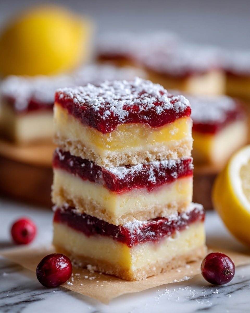 The image shows a stack of three square layered desserts placed on a piece of parchment paper on a wooden surface with white marbled texture. Each piece has four layers: a light golden crust at the bottom, a thick deep red fruit layer above it, followed by a translucent bright yellow layer, and topped with a dusting of white powdered sugar. Around the stack, there are a few red cranberries and a lemon half with a bright yellow color. Several more squares of the same dessert are blurred in the background. The photo taken with an iphone --ar 4:5 --v 7 — Cranberry Lemon Bars, cranberry lemon bars recipe, tart and sweet dessert, easy lemon bar recipe, holiday cranberry dessert