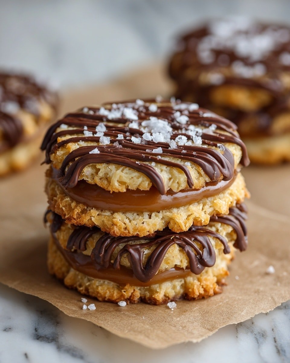 The image shows a close-up of two stacked round cookies with three distinct layers. The bottom and top layers are golden brown, crispy coconut cookies with a rough texture. Between these cookies is a middle layer of smooth caramel and chocolate spread. The top cookie is decorated with drizzles of dark chocolate in thick, wavy lines and sprinkled with coarse white sea salt flakes. The cookies rest on light brown parchment paper on a wooden surface, with a white marbled background softly blurred behind. Photo taken with an iphone --ar 4:5 --v 7 — Easy No-Bake Samoa Cookies, Samoa Cookies No-Bake, No-Bake Samoa Cookies recipe, Samoa Cookie Dessert, Homemade Samoa Cookies without oven