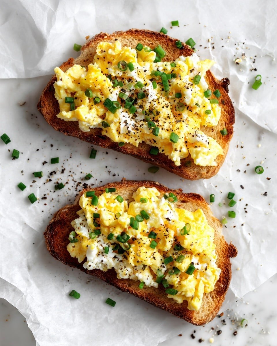 Two slices of toasted bread lie side by side on a white marbled surface with soft white paper underneath. Each slice is topped with a fluffy layer of scrambled eggs that show a mix of creamy white and yellow textures. On top of the eggs, small pieces of green chopped chives are scattered evenly, adding a fresh color contrast. A light sprinkle of black pepper dots the egg layer, giving subtle dark specks. The edges of the bread are golden brown and crisp. photo taken with an iphone --ar 4:5 --v 7 — Egg and Ricotta Toast, Egg and Ricotta Toast Breakfast, Creamy Egg and Ricotta Toast, Sourdough Egg and Ricotta Toast, Easy Egg and Ricotta Toast