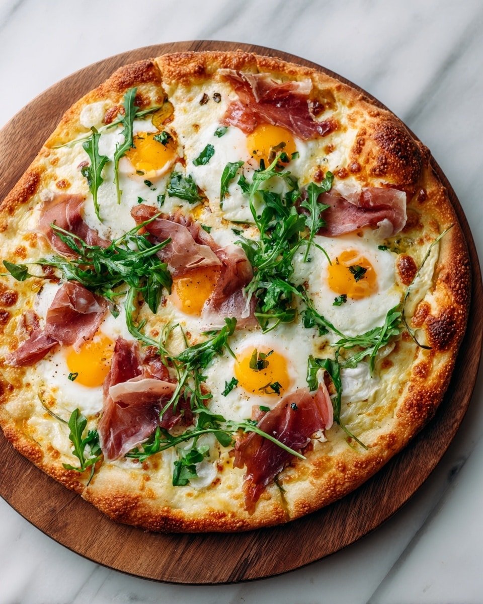 A round pizza with a thick, golden brown crust sits on a wooden board against a white marbled surface. The base layer is melted cheese with a slightly browned texture around the edges. On top, there are several soft white dollops of creamy cheese, each topped with bright yellow egg yolks that look soft and shiny. Thin slices of pinkish-red cured meat are spread loosely across the pizza, some folded for texture. Fresh green arugula leaves are scattered over the top, adding a pop of color. A drizzle of dark honey or syrup reflects light, giving the pizza a glossy finish. Photo taken with an iphone --ar 4:5 --v 7 — Prosciutto and Honey Burrata Pizza, prosciutto honey burrata pizza, gourmet burrata pizza with prosciutto, sweet and savory prosciutto pizza, elegant homemade pizza recipe