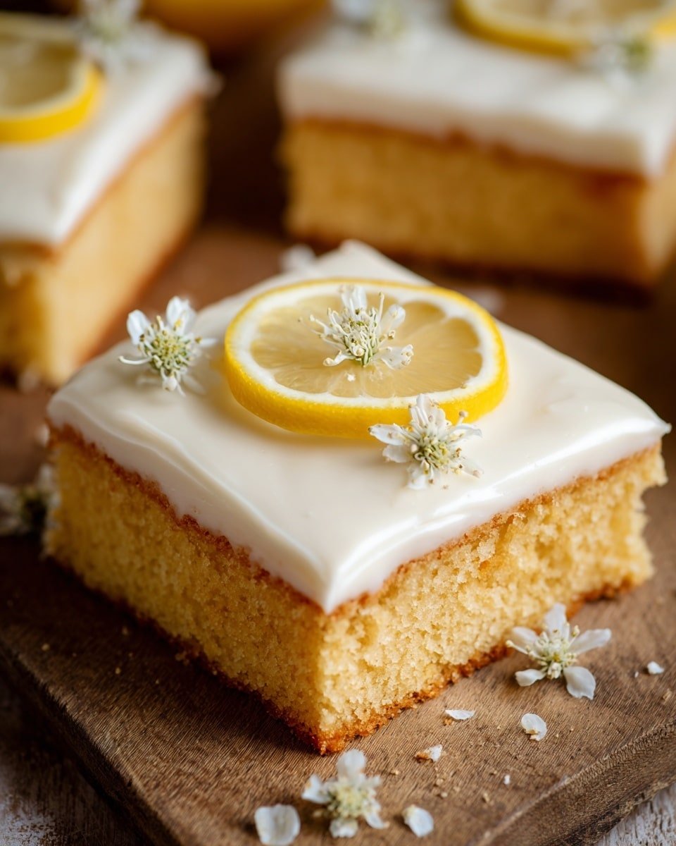 A square piece of soft, light yellow cake with a thick, smooth white frosting layer on top. The cake is decorated with a thin slice of lemon placed upright in the center and small white flower blossoms scattered around the lemon slice on the frosting. The texture of the cake looks moist and crumbly, resting on a wooden surface with parts of other similar cake pieces visible nearby. photo taken with an iphone --ar 4:5 --v 7 — Elderflower Cake with Lemon and Elderflower Frosting, Elderflower cake, Lemon elderflower cake, Floral citrus cake, Spring celebration cake